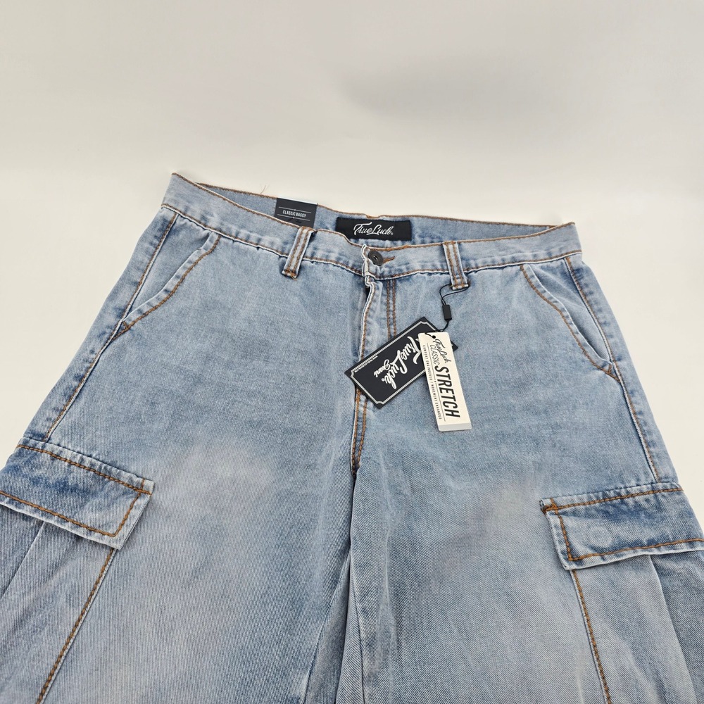True Luck Cargo Jeans Mens Classic Baggy Stretch Light Wash Blue 34x30 NWT